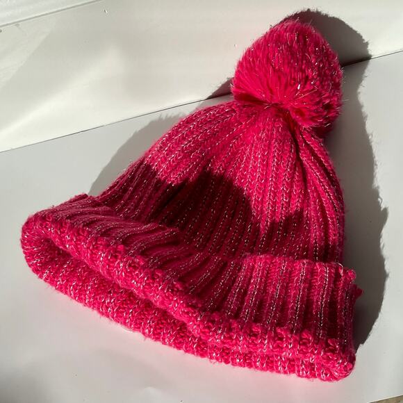 Girls Size 4-16 Pink Beanie Pom Pom Sparkly Pullover Cable Knit Acrylic Blend - Picture 1 of 6